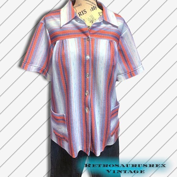 vintage 1970’s Polyester Mod Striped Plus Size Tent Blouse, 2X - Picture 5 of 8